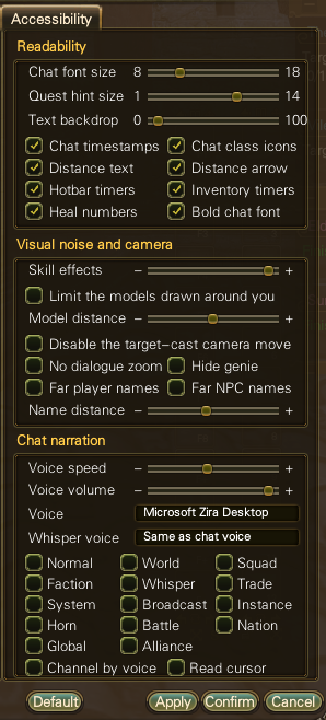 Accessibility Tab options